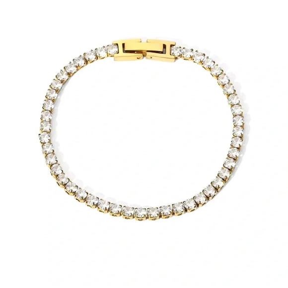 Zirconia Tennis 18K Gold Stainless Steel Waterproof Gold Gemstone Bracelet - Picture 2 of 11